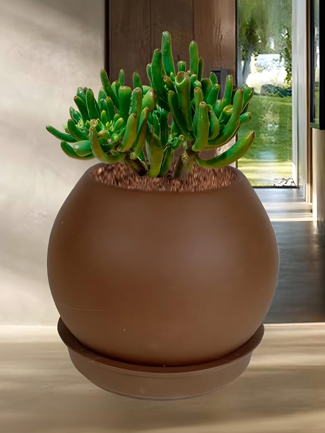 LASAKI Peblo Brown Ceramic Handmade Planter With Plate
