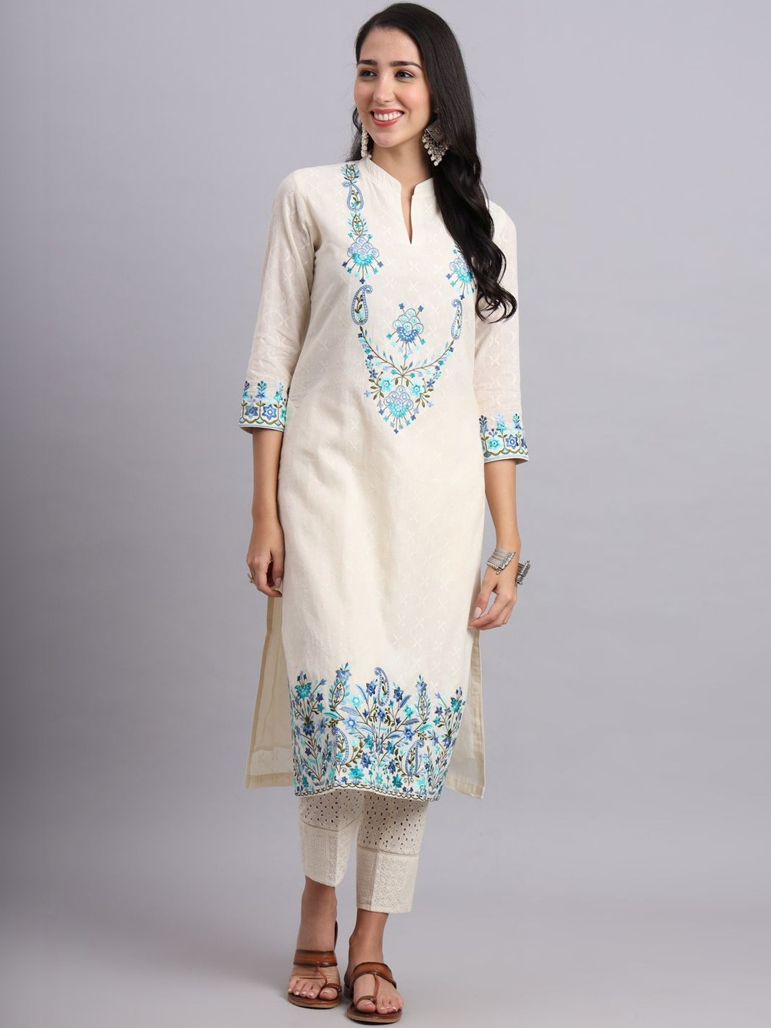 CREPE KI KURTI Women Floral Embroidered Regular Thread Work Pure Cotton Kurta with Trousers