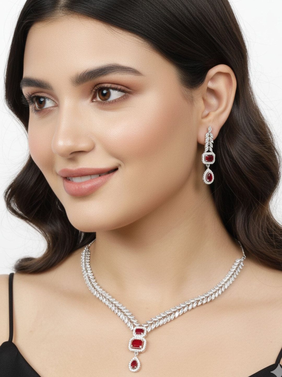 VIVAZS Rhodium-Plated Ruby Cubic Zirconia & American Diamond-Studded Jewellery Set
