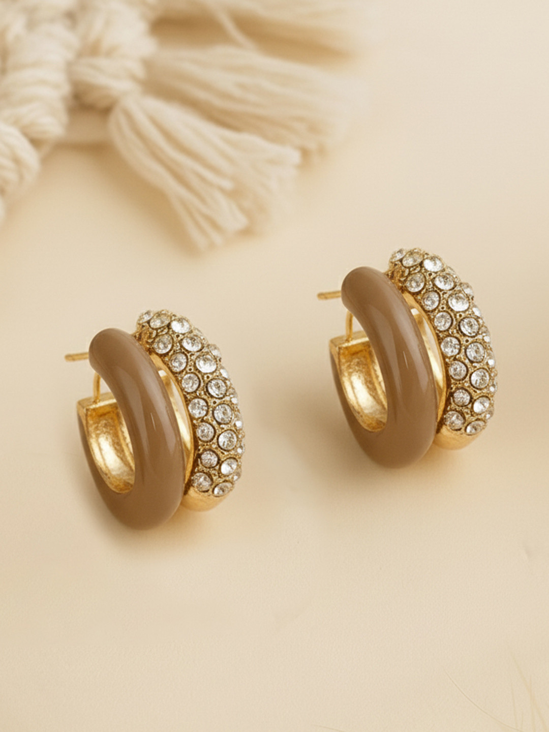 Bohey by KARATCART Gold-Plated American Diamond Studded Semi-Circular Half Hoop Earrings