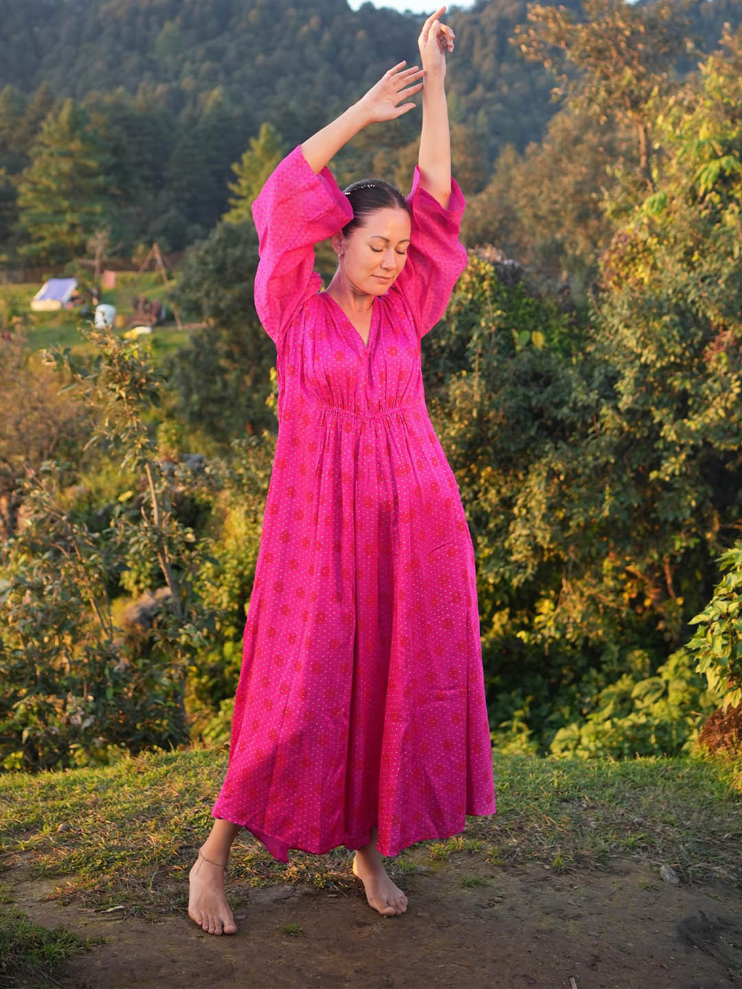 RAAS LIFE Polka Dot Print Batwing Sleeve Kaftan Maxi Dress