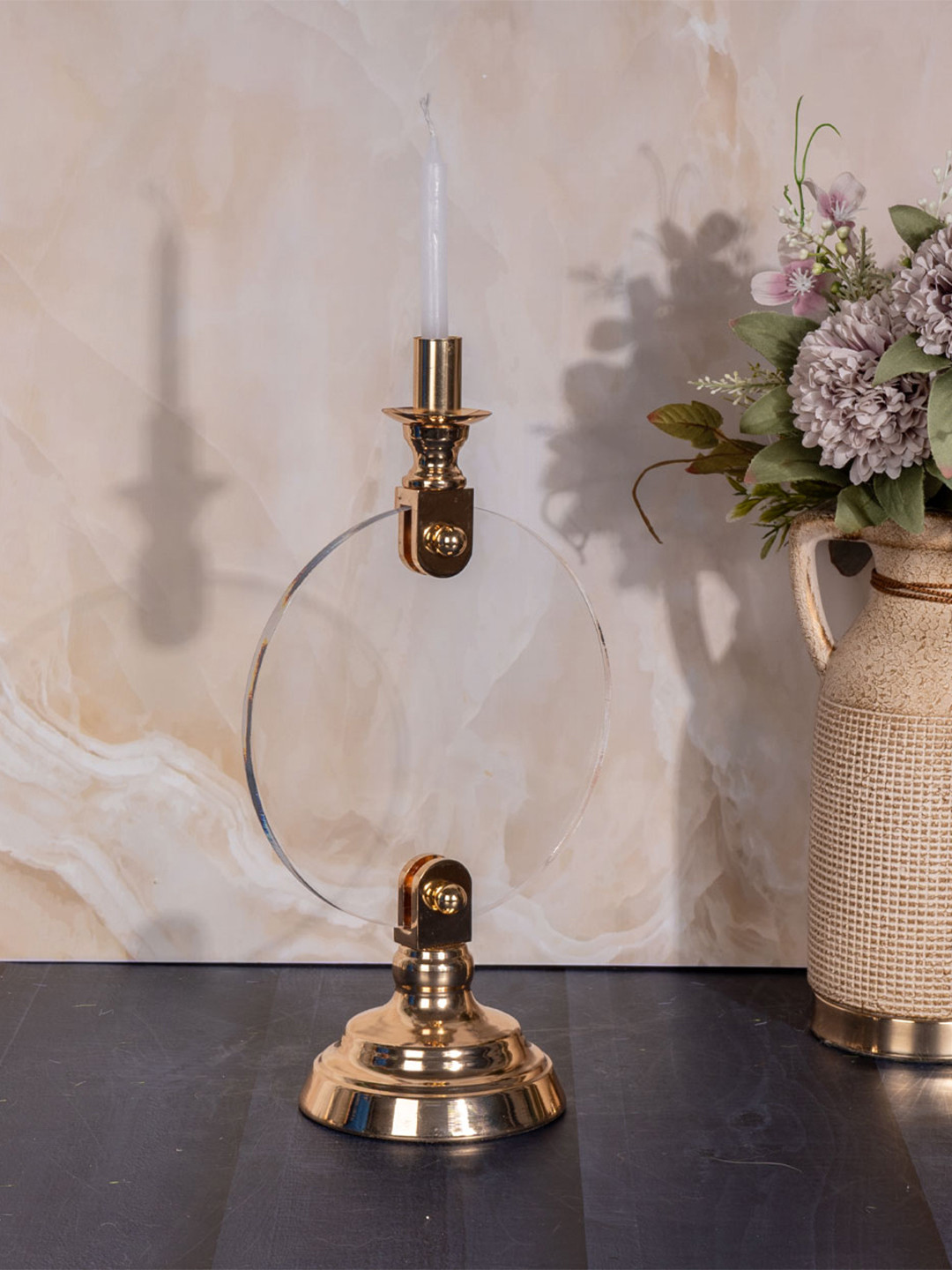 AARVI DECOR STUDIO Gold Toned & Transparent Round Glass Candle Stand