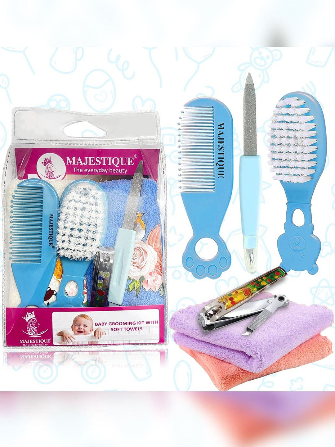 MAJESTIQUE Kids Set Of 6 Baby Grooming Kit With Soft Towels