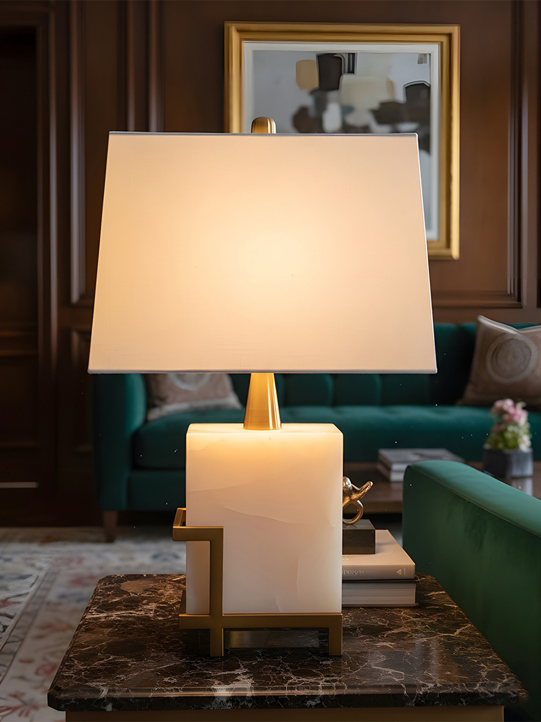 AARVI DECOR STUDIO White And Gold Toned Adjustable Rectangular Shaped Table Lamp