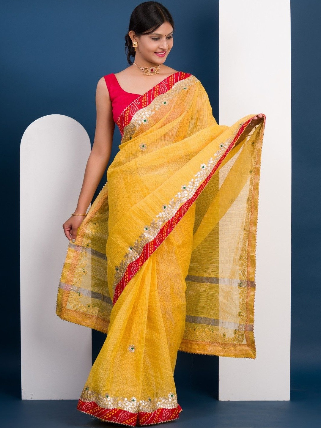 KCPC BANDHANI Woven Design Mirror Work Silk Cotton Bandhani Saree
