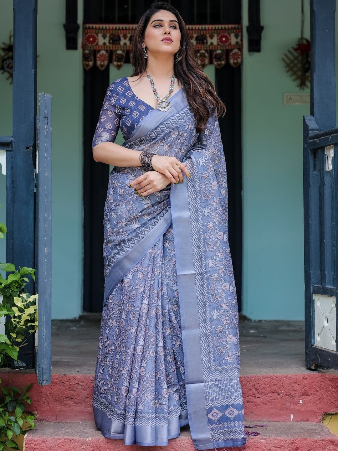 ALMAARI FASHION Floral Printed Pure Linen Banarasi Saree
