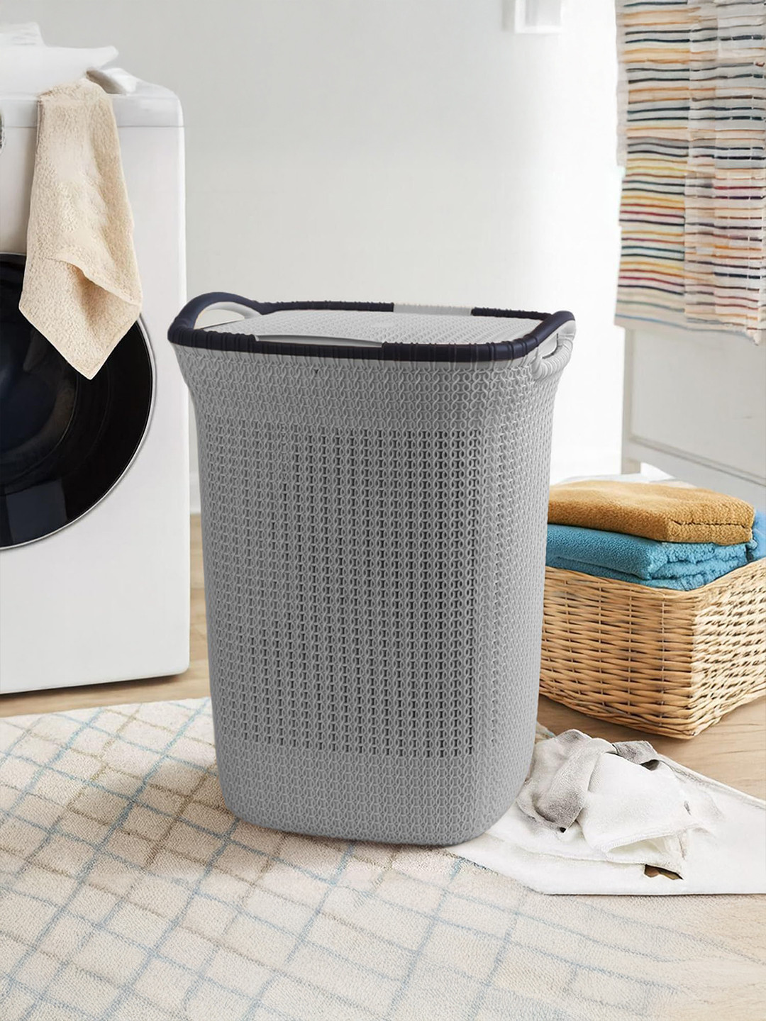 prettykrafts Grey Multipurpose Plastic Laundry Basket With Lid - 70 L