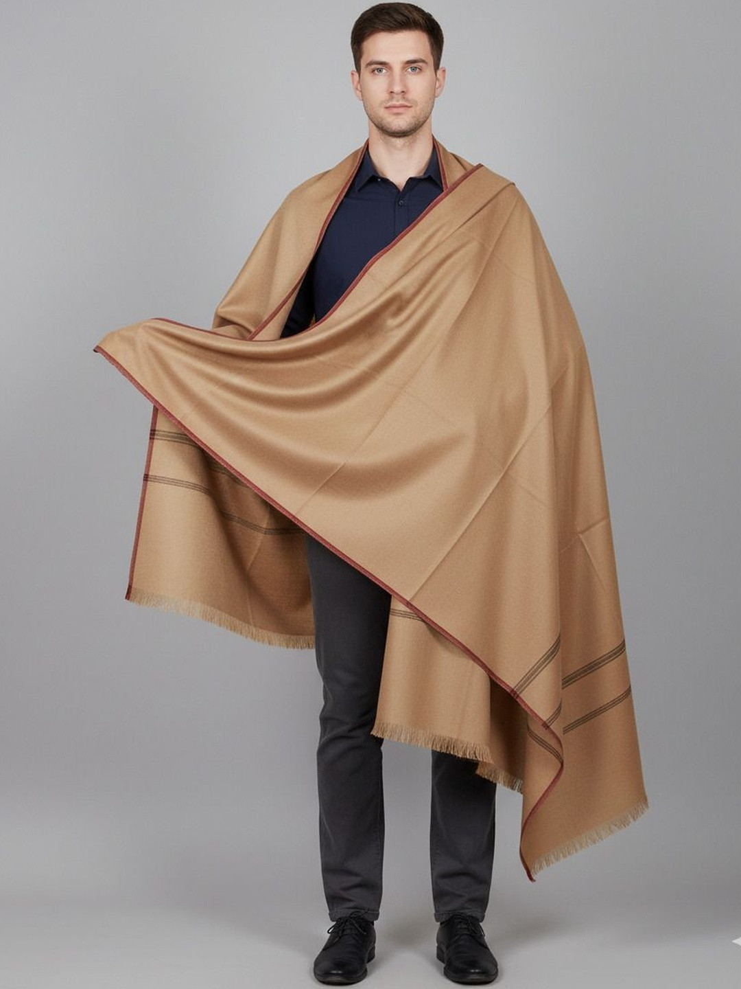 KAVIM Striped Woven Design Pure Wool Shawl