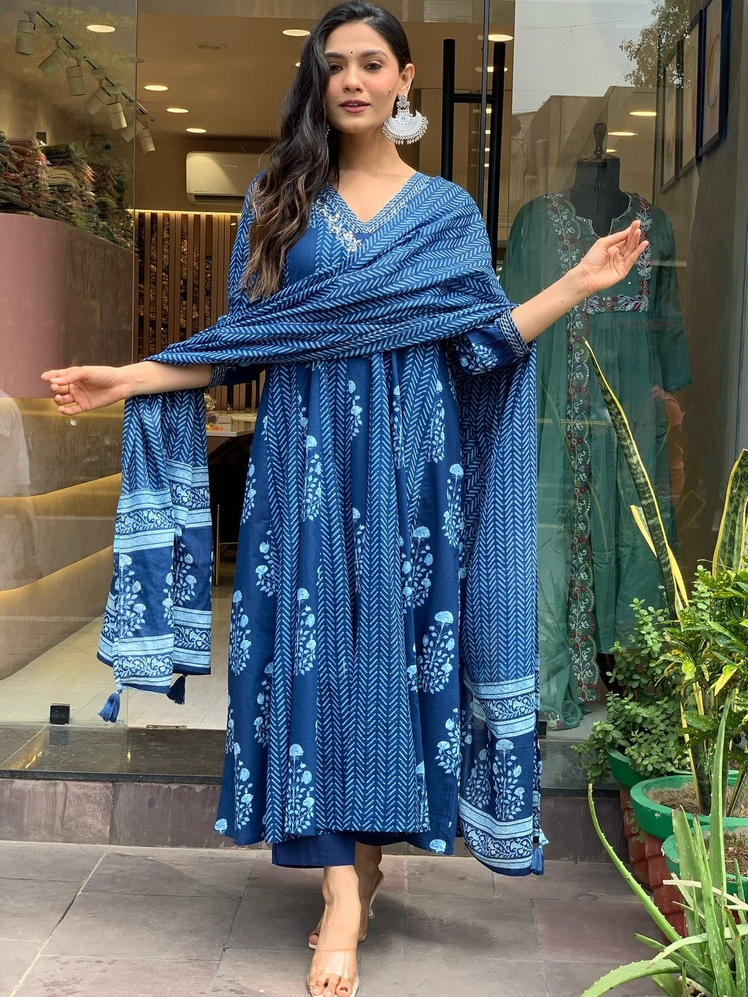 S.K.C Ethnic Motifs Printed V-Neck Thread Work A-Line Kurta With Trousers & Dupatta