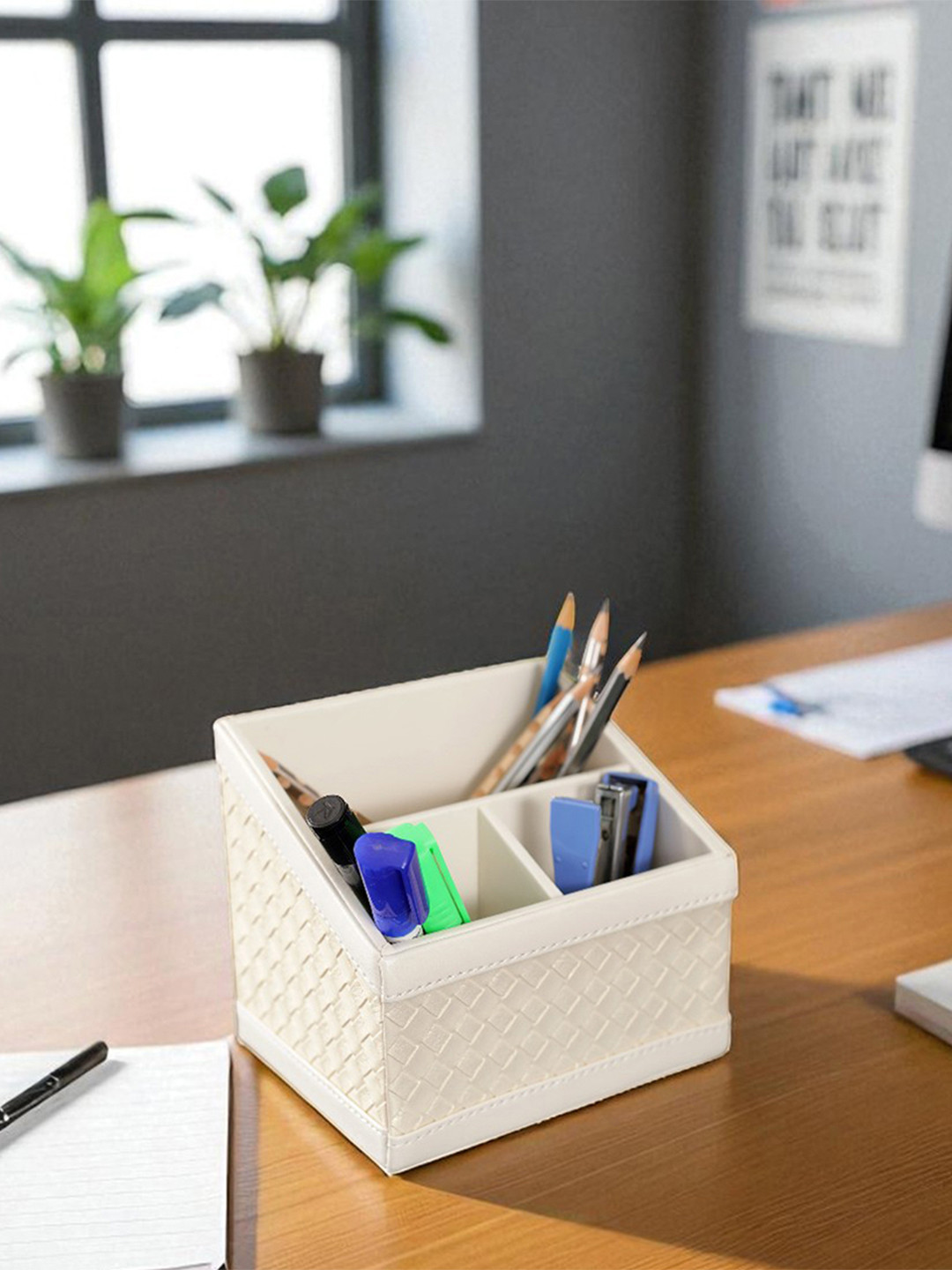 AARVI DECOR STUDIO Off White  Faux Leather Water Resistant Desk Organiser