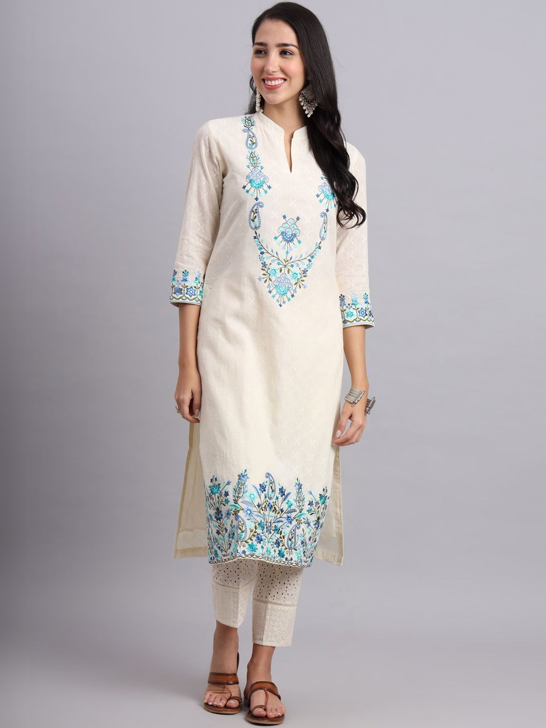 SIRIKANHA Women Floral Embroidered Regular Thread Work Pure Cotton Kurta with Trousers