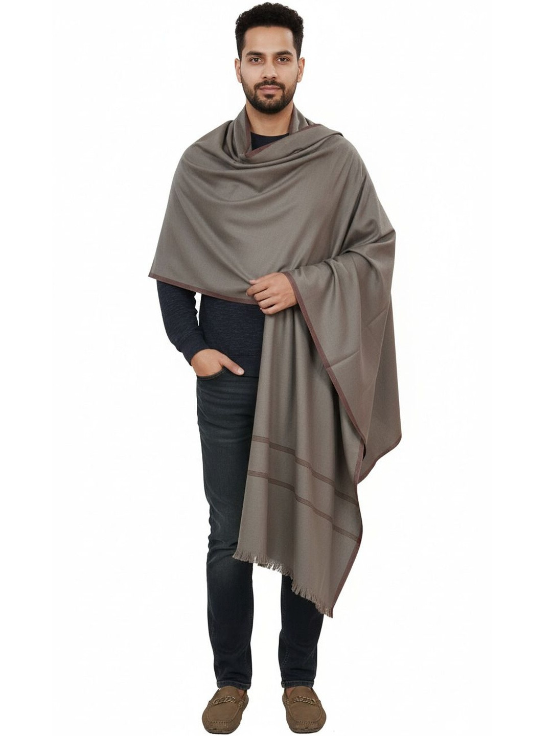 KAVIM Striped Woven Design Pure Wool Shawl
