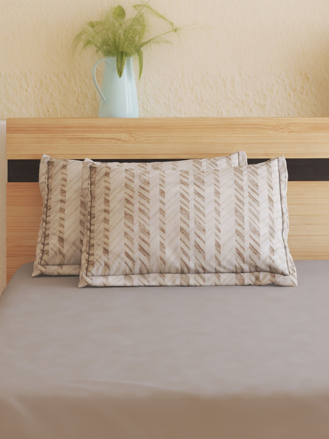 Home Centre Set of 2 Beige Printed Pure Cotton Rectangle Pillow Covers