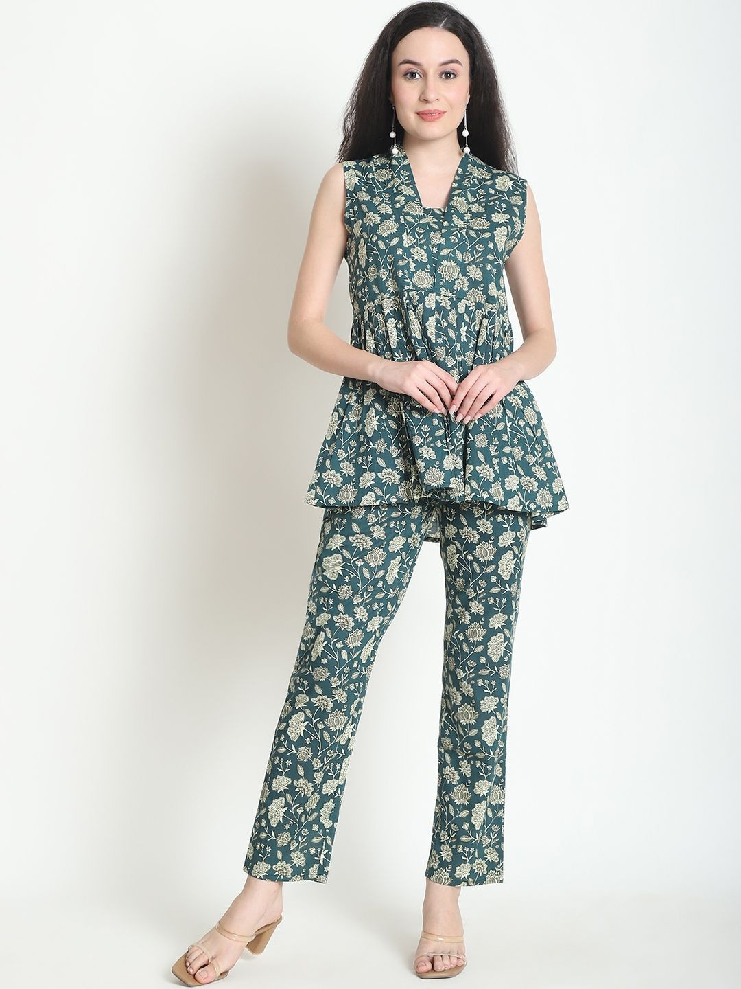KARPATA Floral Printed Square Neck Organic Cotton Tunic With Trousers