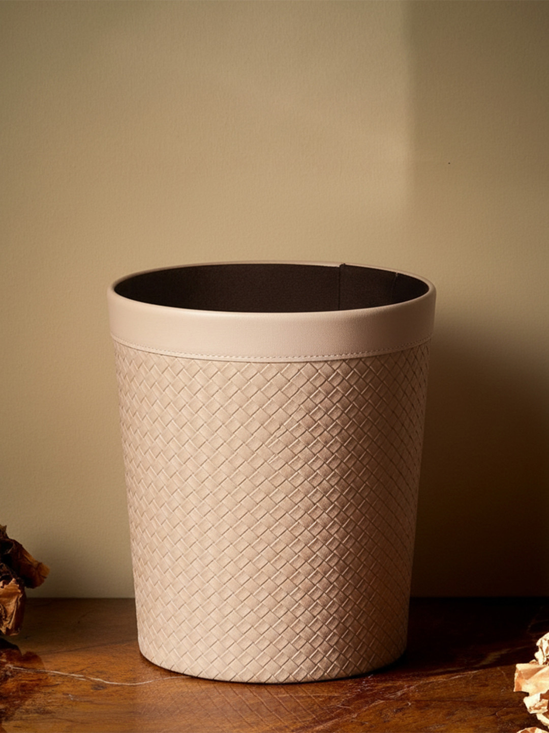 AARVI DECOR STUDIO Modern Stitched Design Faux Leather Cream Trash Bin