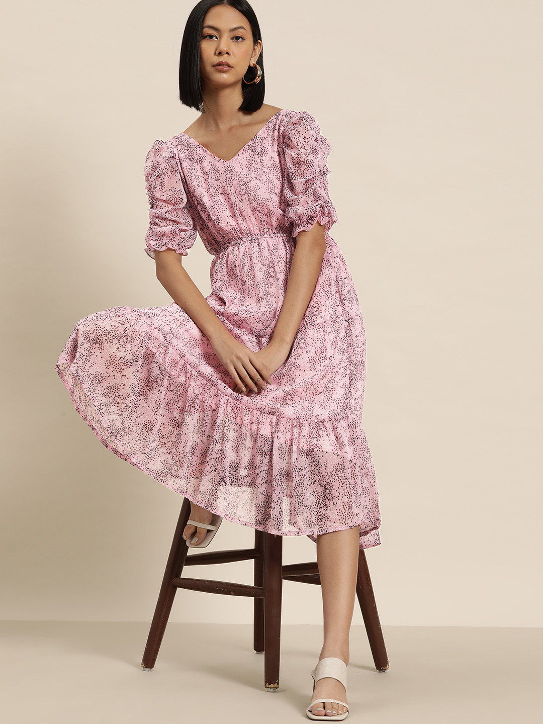 all about you Print Puff Sleeve Georgette A-Line Midi Dress