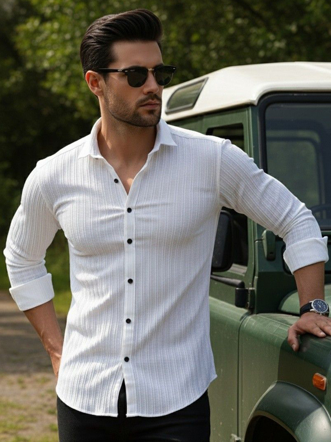 BADLAND Classic Textured Spread Collar Roll-Up Sleeves Casual Shirt