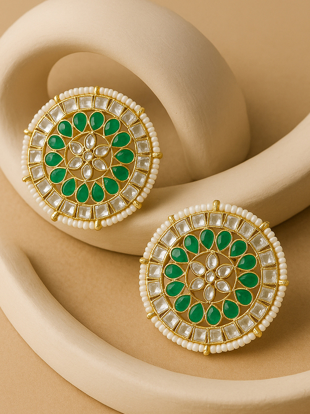 KARATCART Gold-Plated Green & White Kundan Circular Drop Earrings