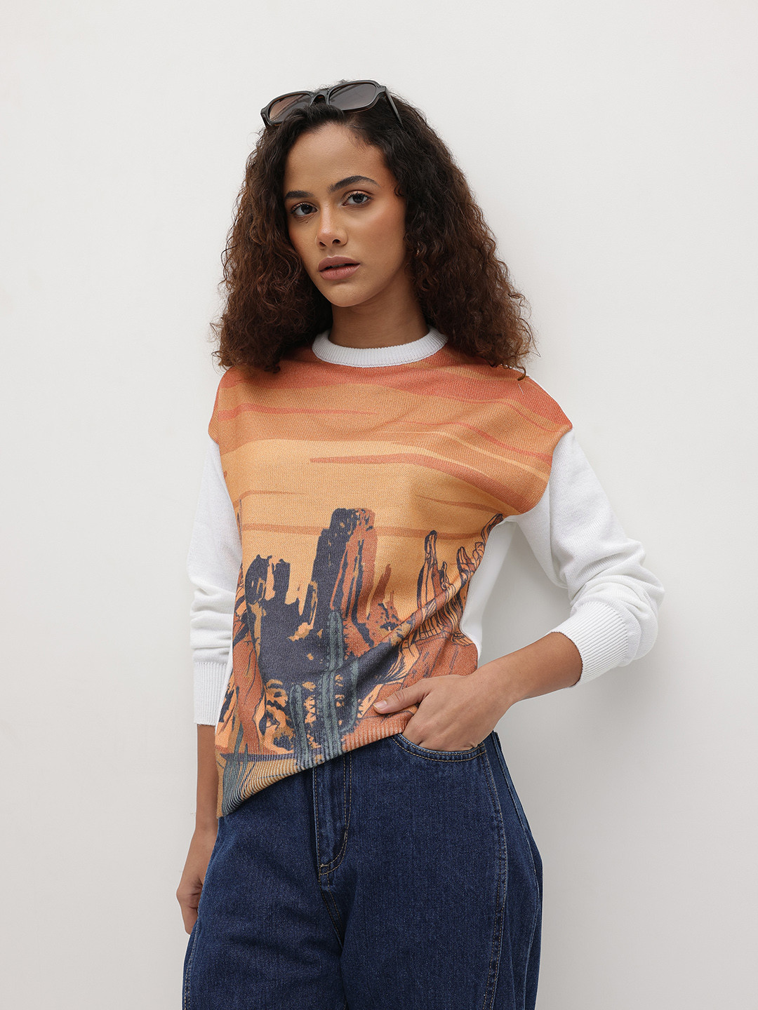 The Roadster Life Co. Graphic Self Design Round Neck Pullover