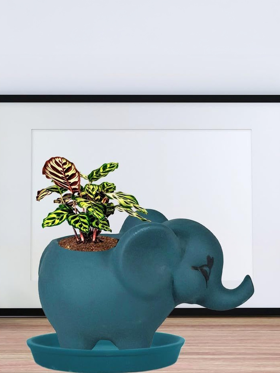 LASAKI Jumbo Blue & Black Elephant Shaped Ceramic Planter With Plate