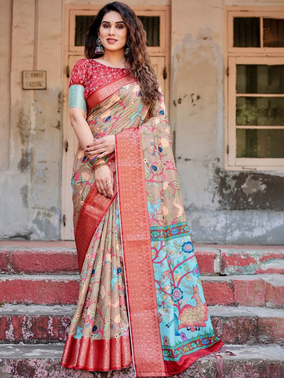ALMAARI FASHION Floral Printed Jamdani Saree With Tassel Accents & Blouse