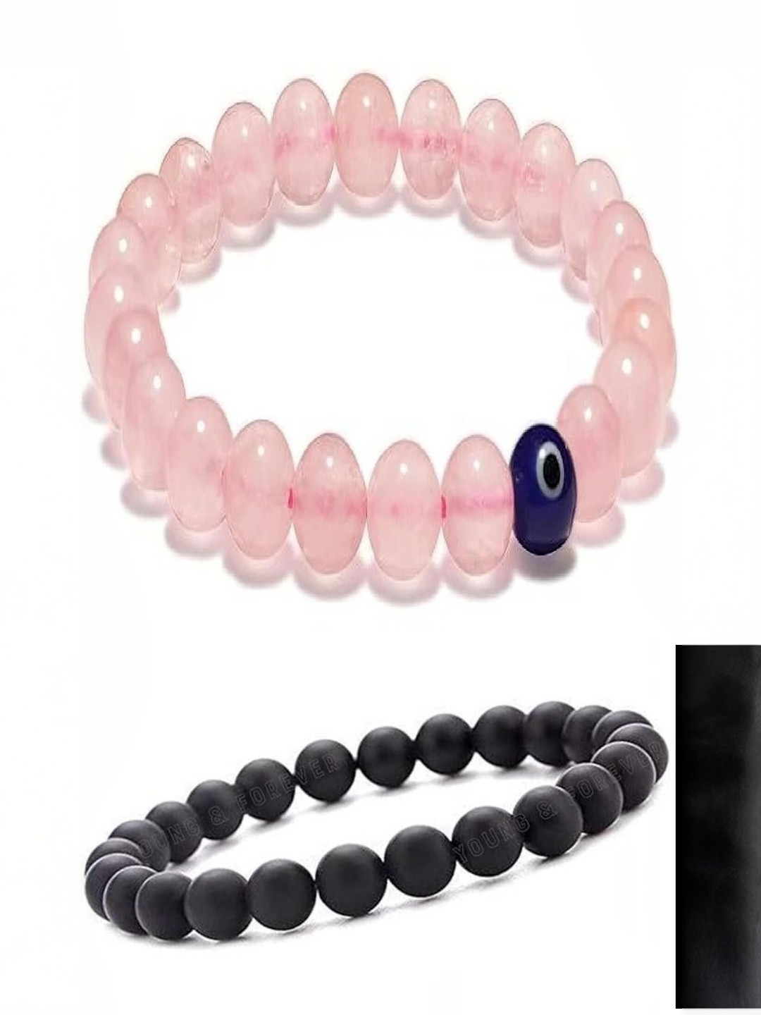 SIAMI Set Of 2 Rose Quartz & Evil Eye Beaded Elasticated Bracelets