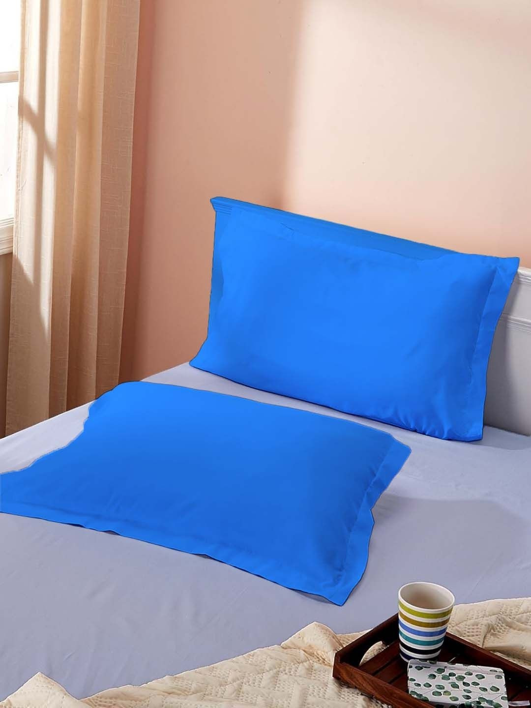 Sleeping Owls Turquoise Blue 2 Pieces Solid Pure Cotton Rectangle Pillow Covers