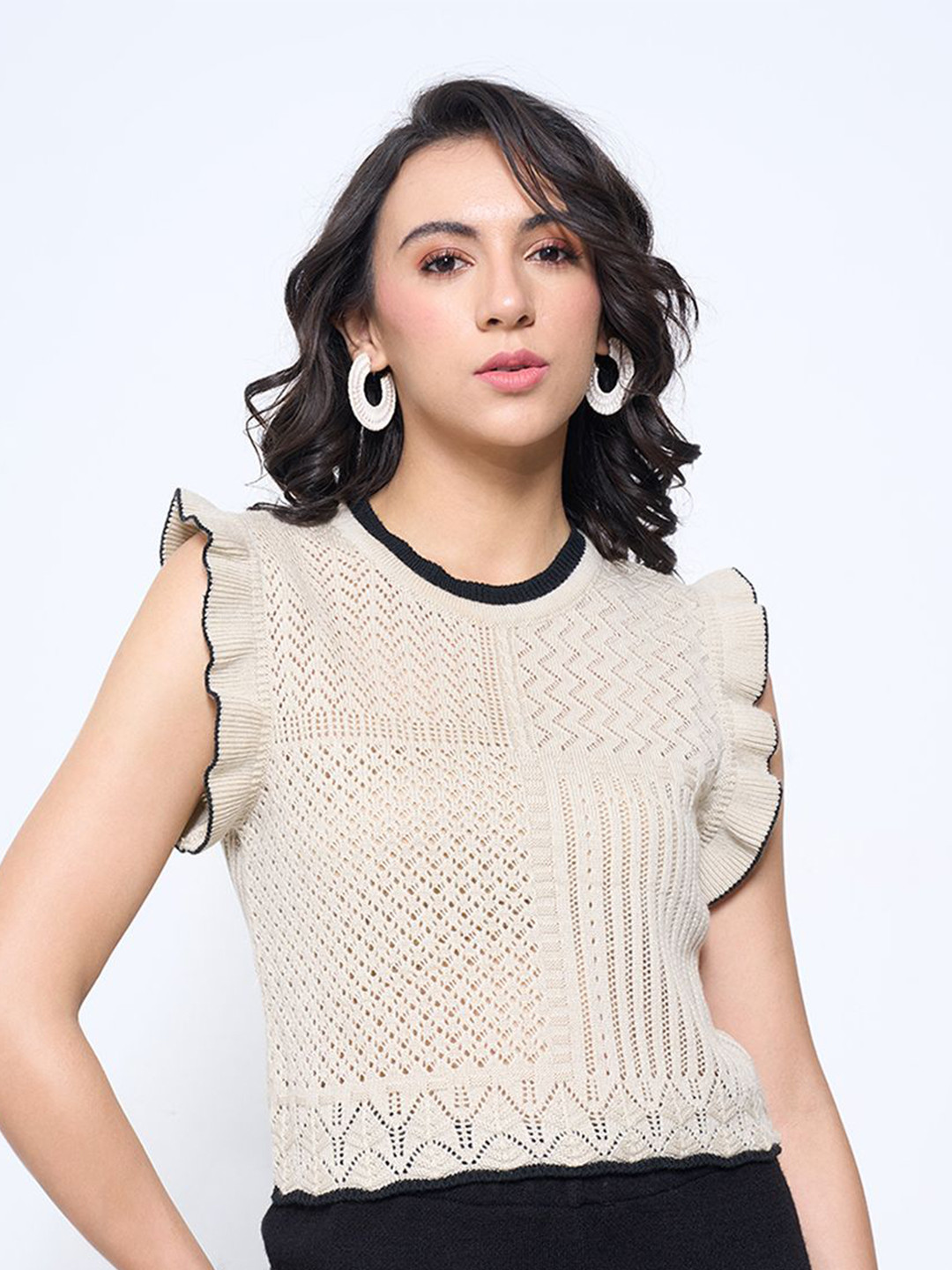 AKKRITI BY PANTALOONS Women Boucle Crop Pullover with Fuzzy Detail