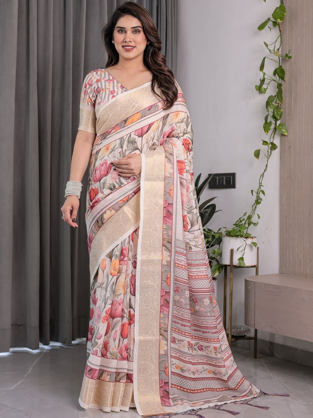 ALMAARI FASHION Floral Printed Pure Cotton Kanjeevaram Saree And Unstitched Blouse
