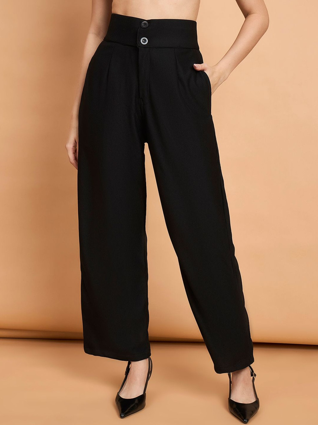 The Roadster Lifestyle Co Ribbed High Waist Button Detail Trouser