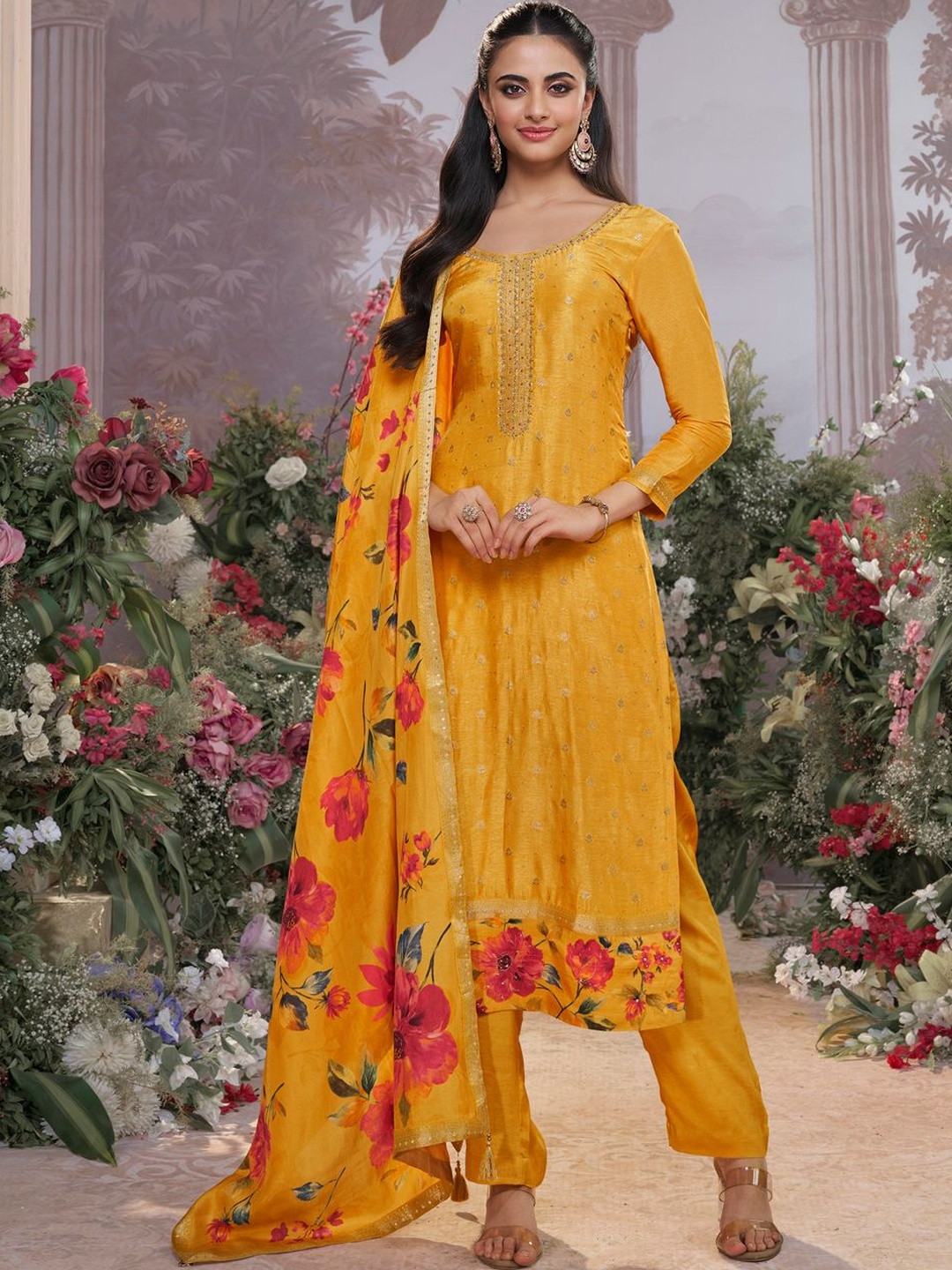 Seerat Floral Printed Thread Work Straight Pure Silk Kurta with Trousers & With Dupatta