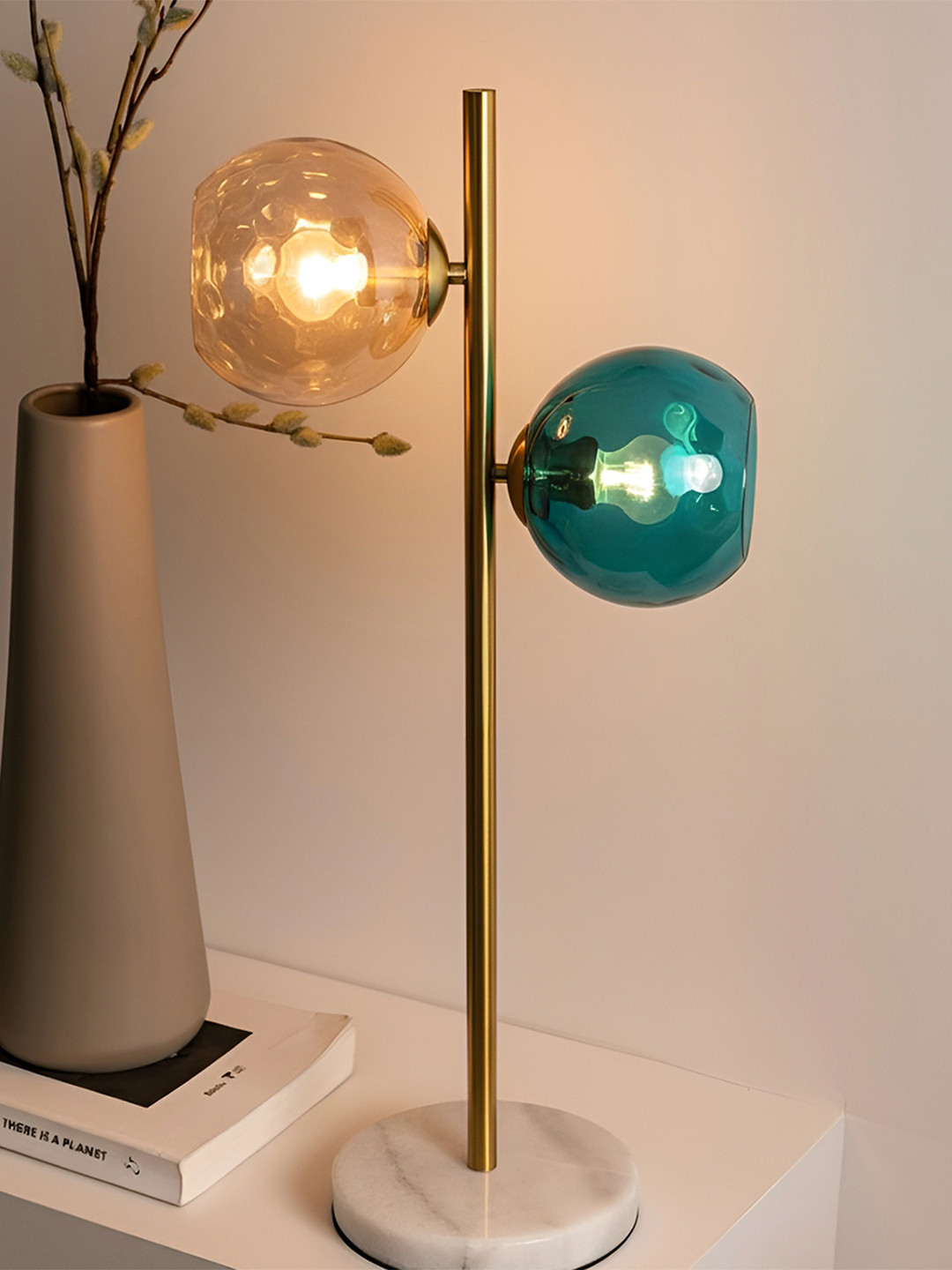 AARVI DECOR STUDIO Blue And Gold Toned Textured Adjustable Spherical Shaped Table Lamp