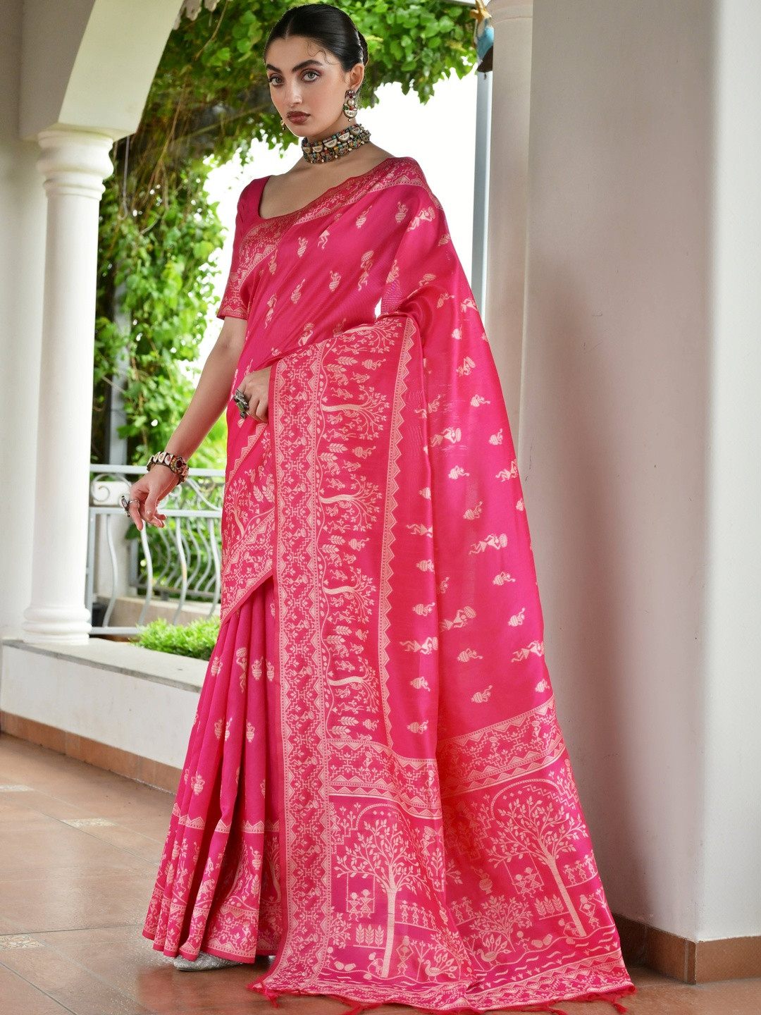 VISHNU WEAVES Ethnic Motifs Woven Design Zari Raw Silk Banarasi Saree & Unstitched Blouse