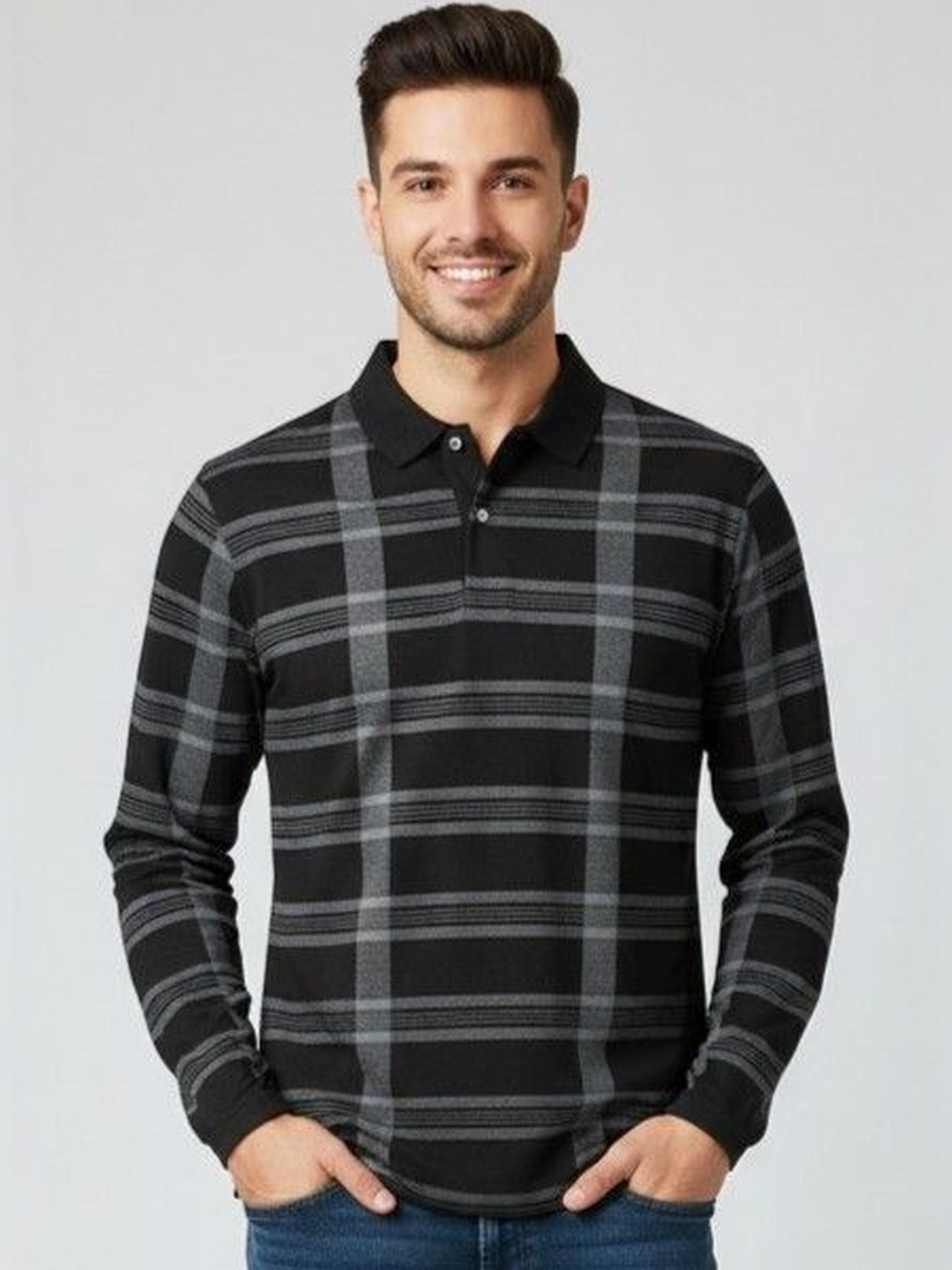 AUTNA Men Black Checked Polo Collar T-shirt