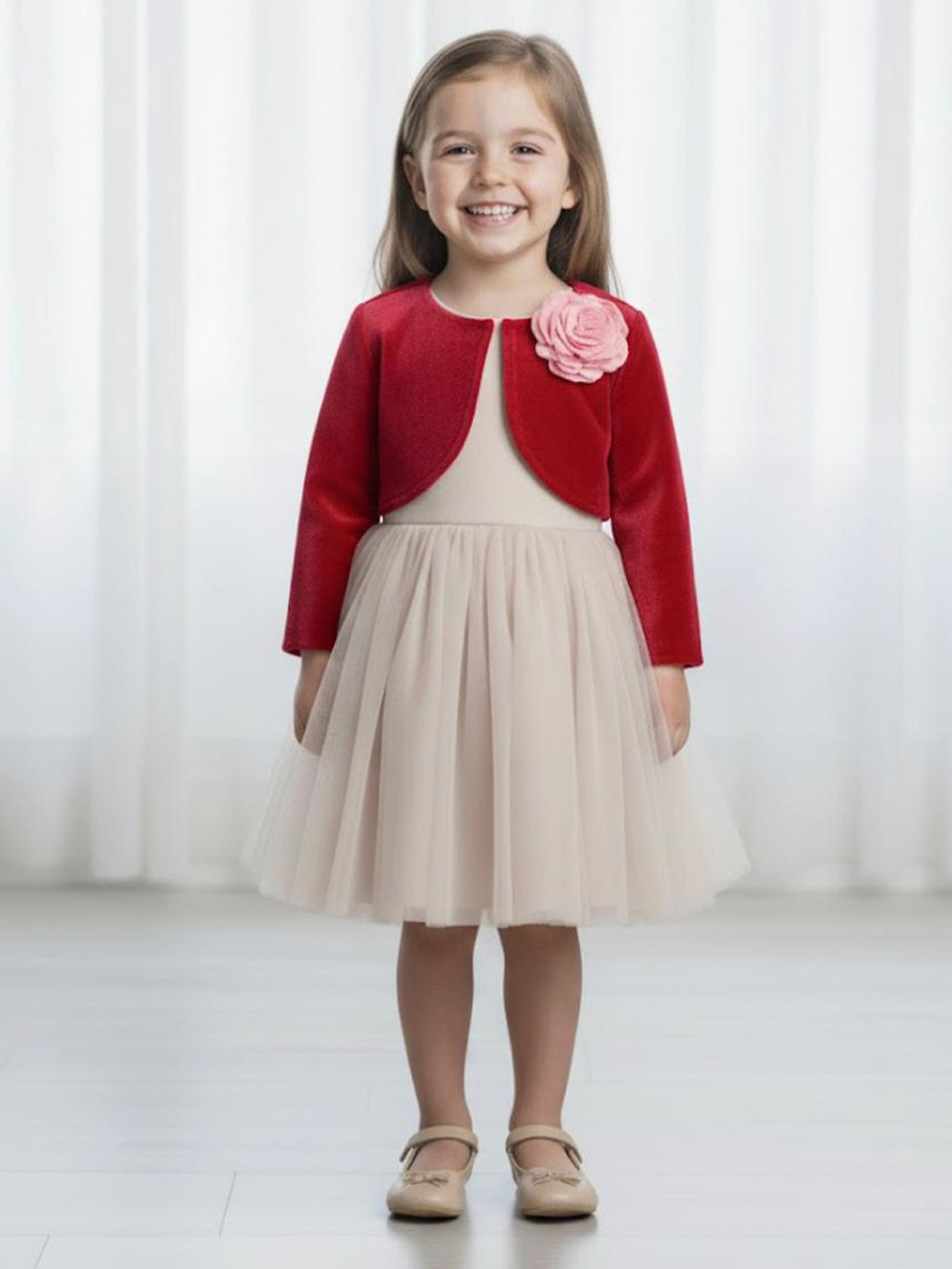 A Little Fable Girls Red Solid Open Front Shrug
