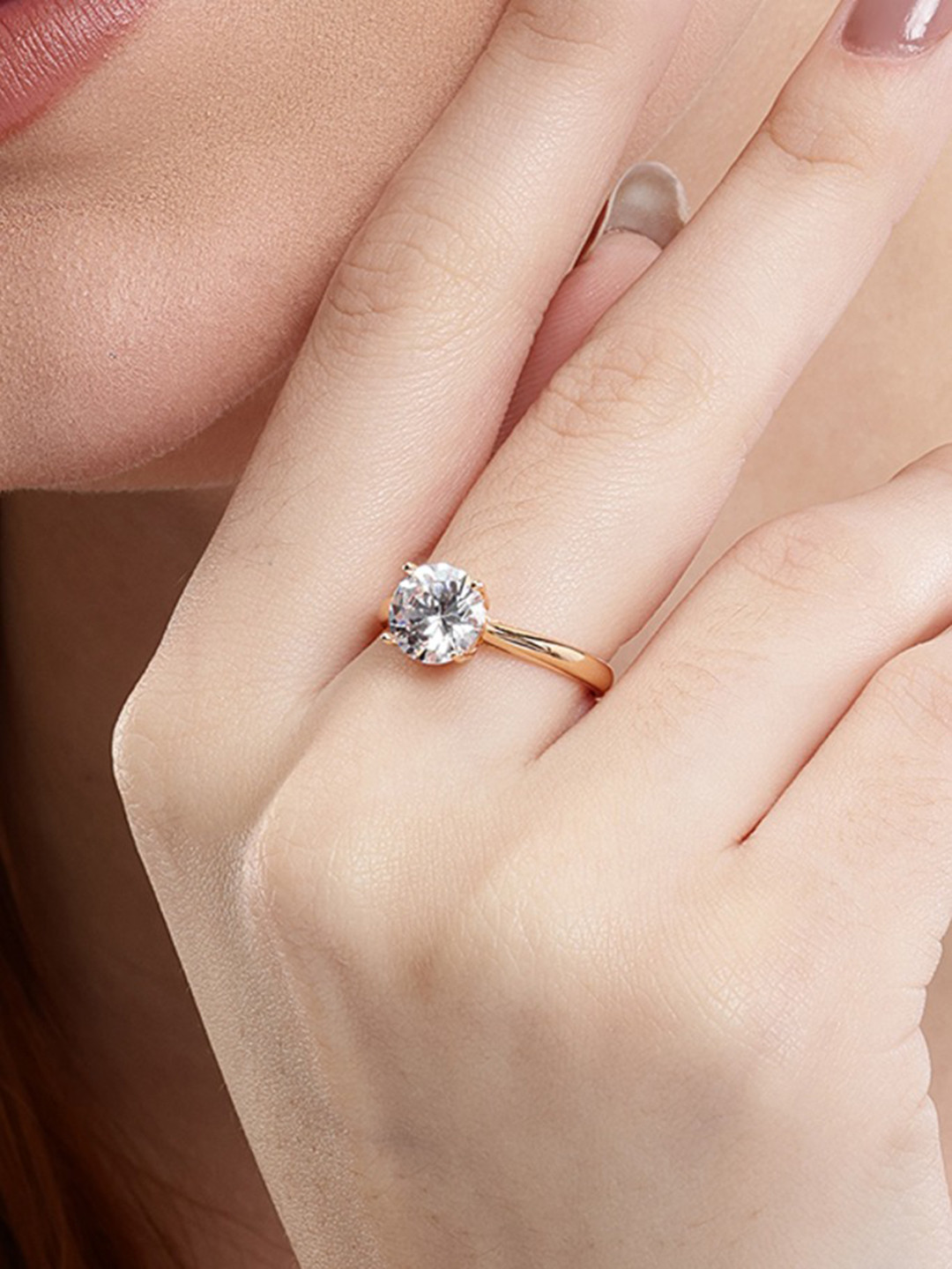 Nuyug Gold-Plated AD Studded Pure Grace Pristine 8mm Stone Solitaire Finger Ring