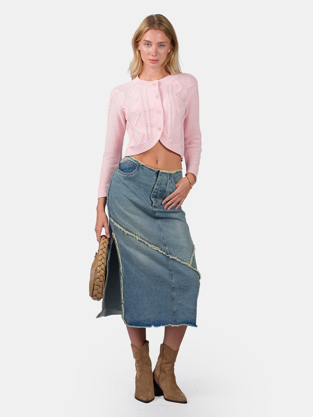 Virgio Women Self Design Cotton Long Sleeves Curved Hem Knitted Crop Cardigan