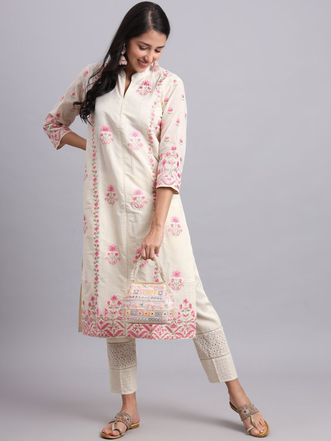 PREMANAND Women Floral Embroidered Regular Thread Work Pure Cotton Kurta with Trousers