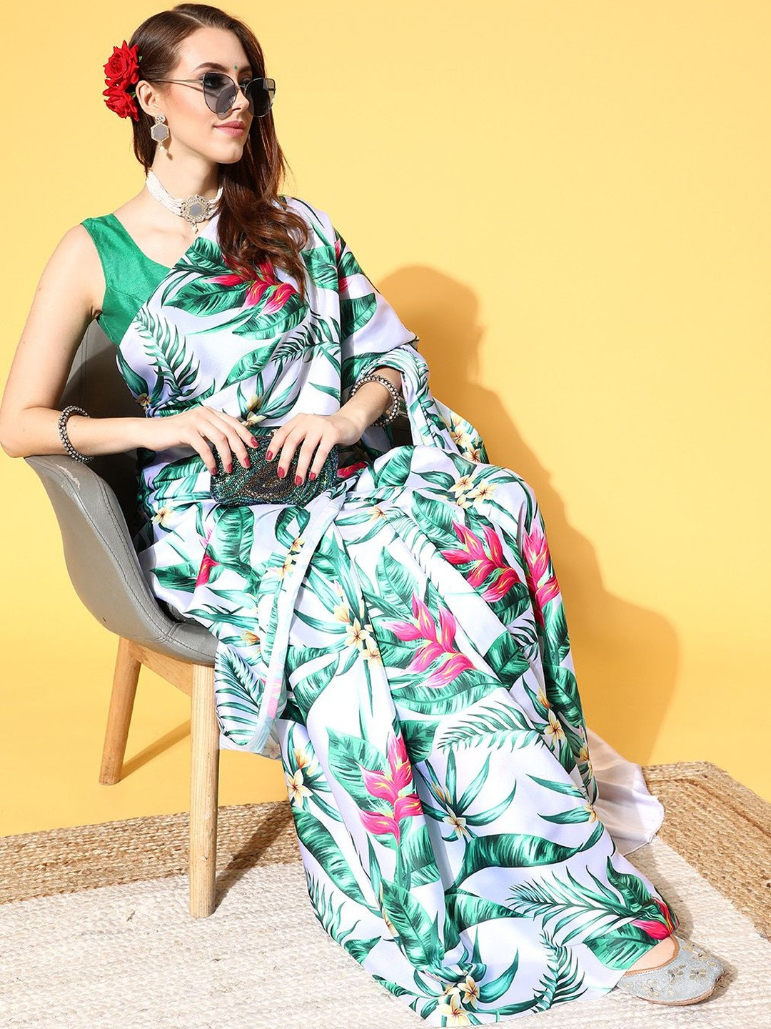 all about you Floral Satin Fusion Saree