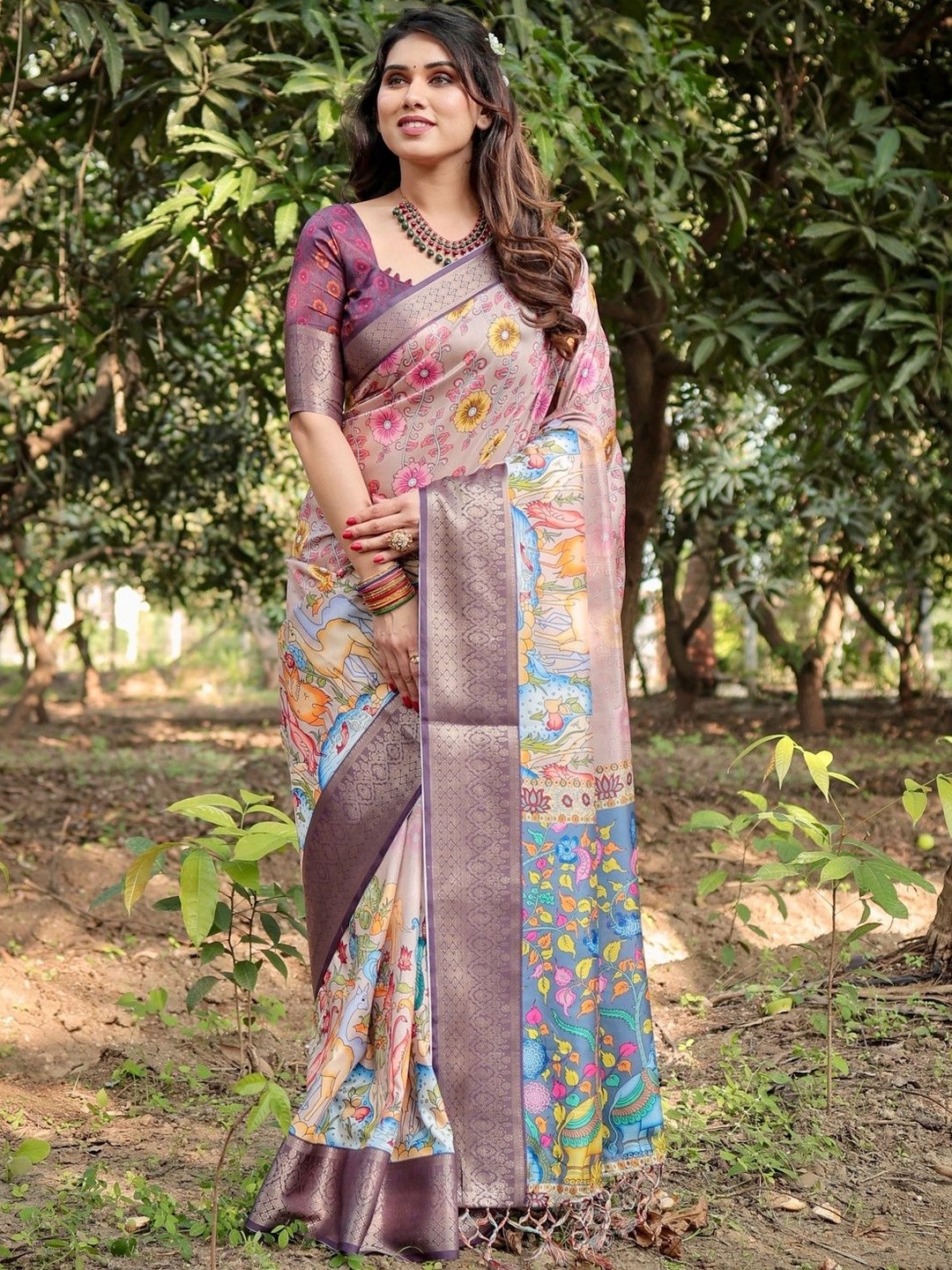 ALMAARI FASHION Floral Printed Tussar Silk Banarasi Saree