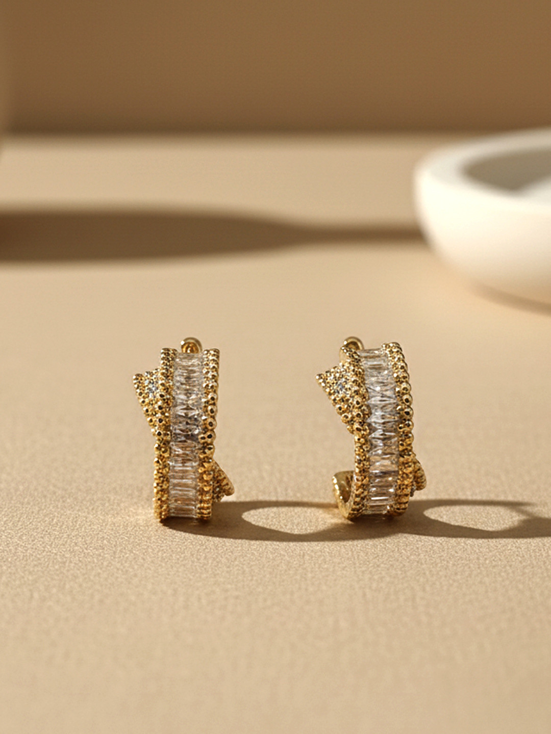 Bohey by KARATCART Gold-Plated American Diamond Studded Semi Circular Half Hoop Earrings