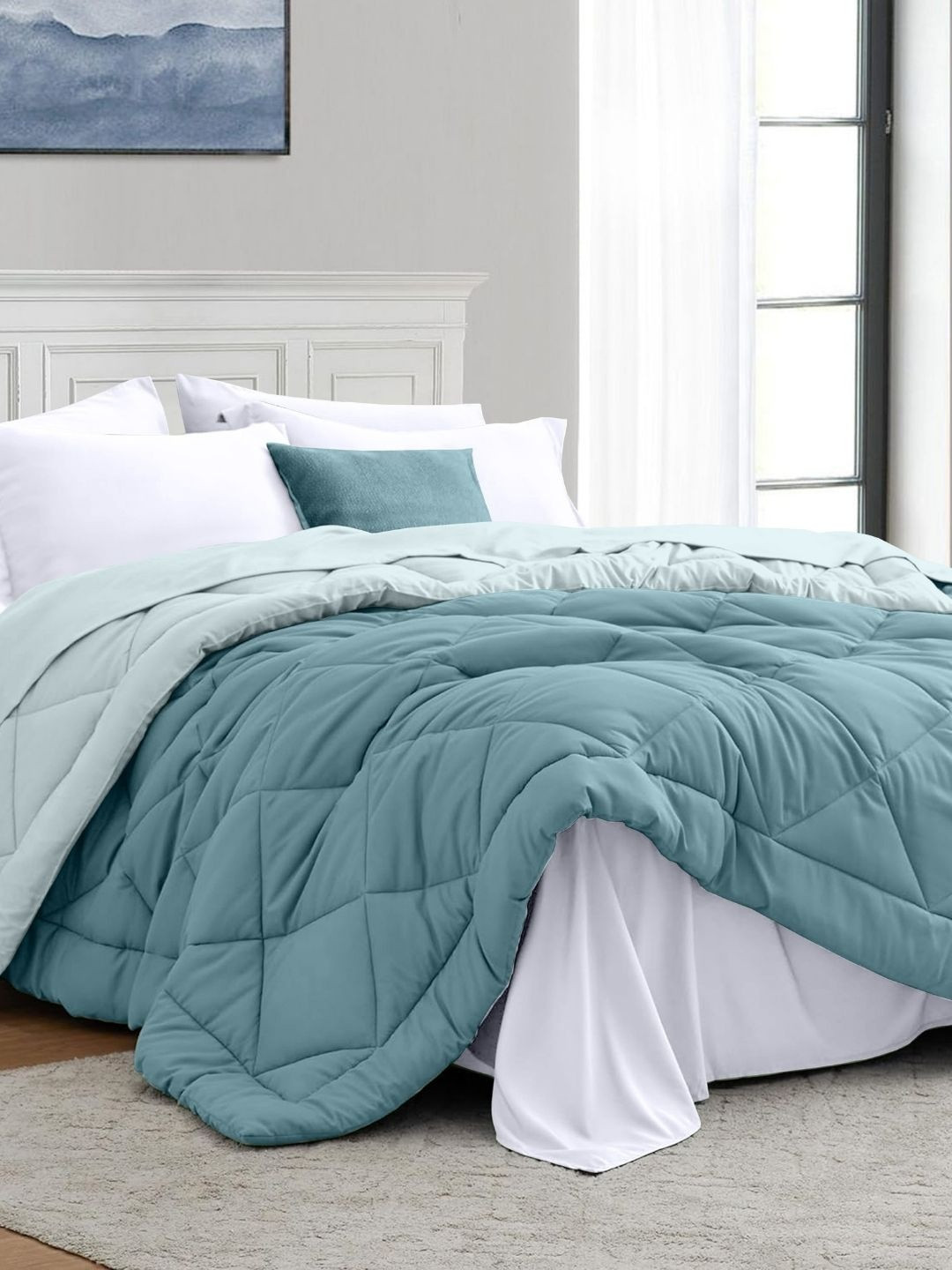 haus & kinder Blue & Turquoise Blue AC Room Reversibe 120 GSM Single Comforter-200x200 cm