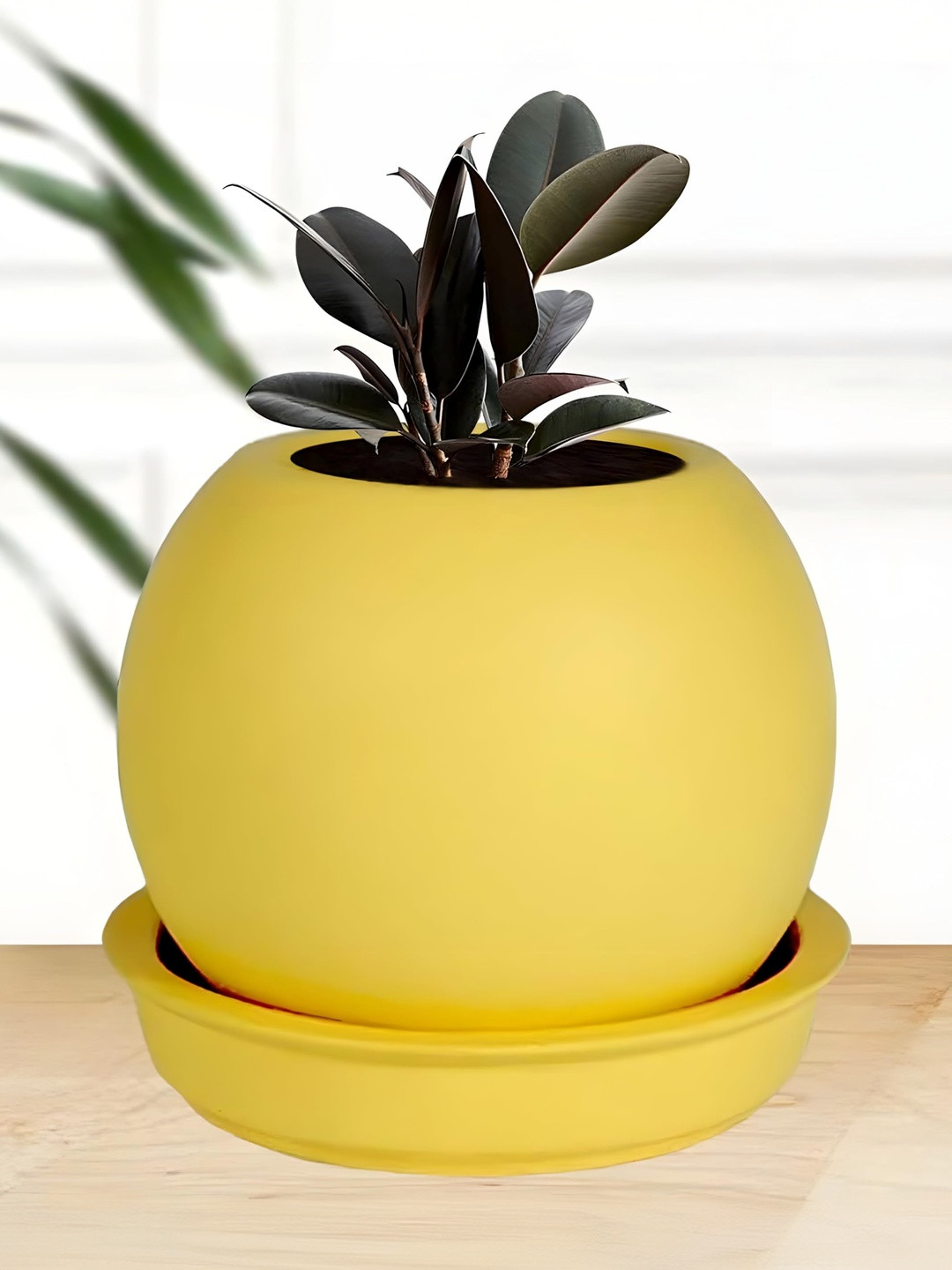 LASAKI Peblo Yellow Ceramic Handmade Small Planter With Plate