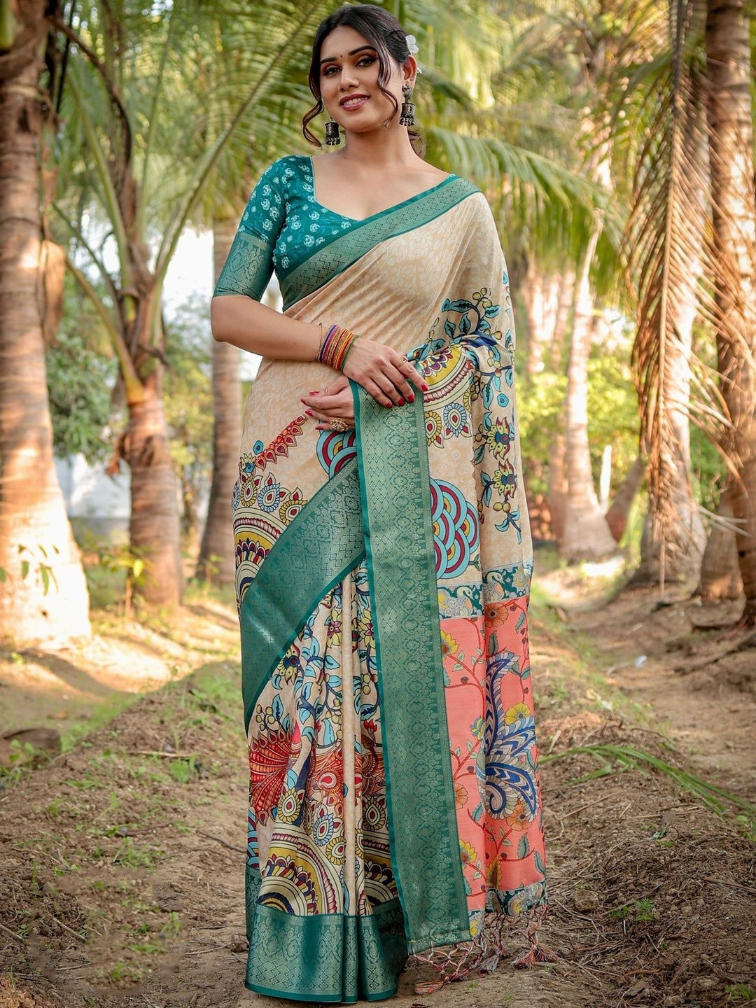 ALMAARI FASHION Floral Printed Banarasi Saree With Elegant Tassels & Blouse