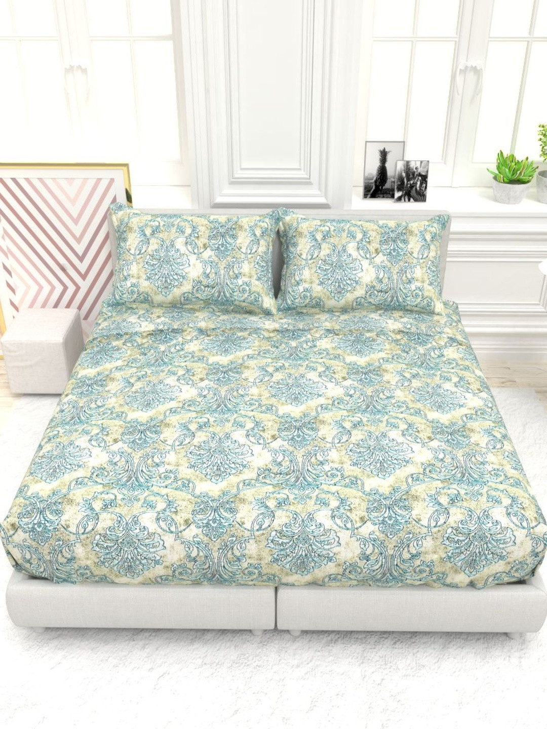 THE WHITE MOSS Multicoloured 220 TC Queen Bedsheet with 2 Pillow Covers
