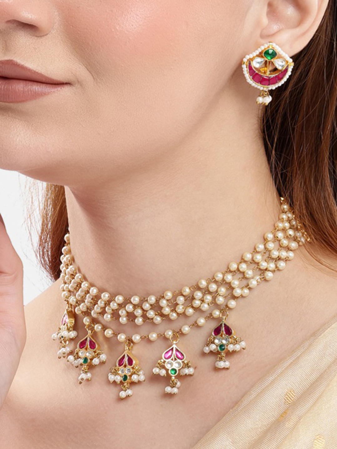 Nuyug Gold-Plated Stone-Studded & Beaded Multi-Strand Choker Jewellery Set