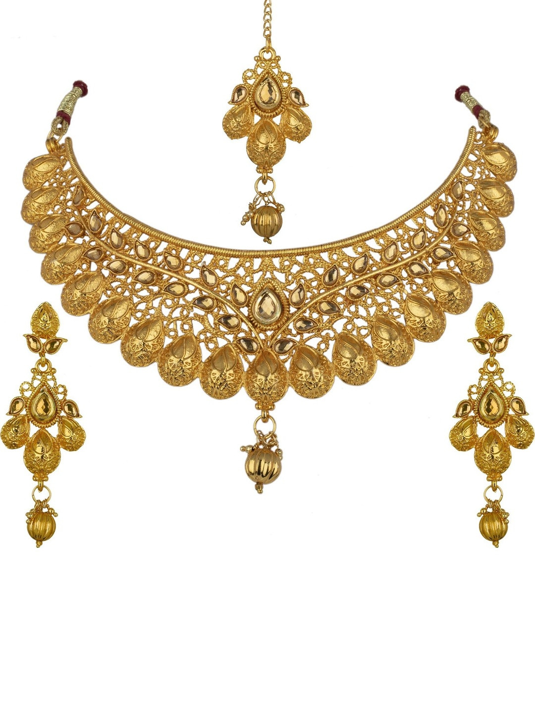 Women Click Gold-Plated Kundan-Studded Necklace with Earrings & Maang Tika Set