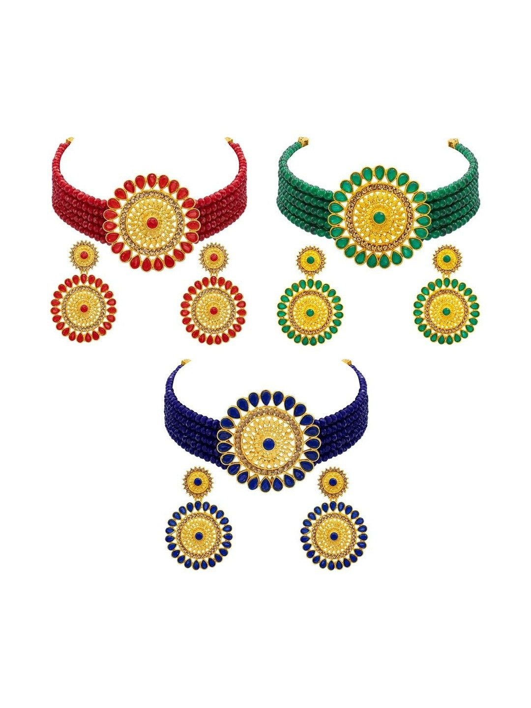 Women Click Set Of 3 Gold-Plated Stones Studded & Beadded Jewellery Set