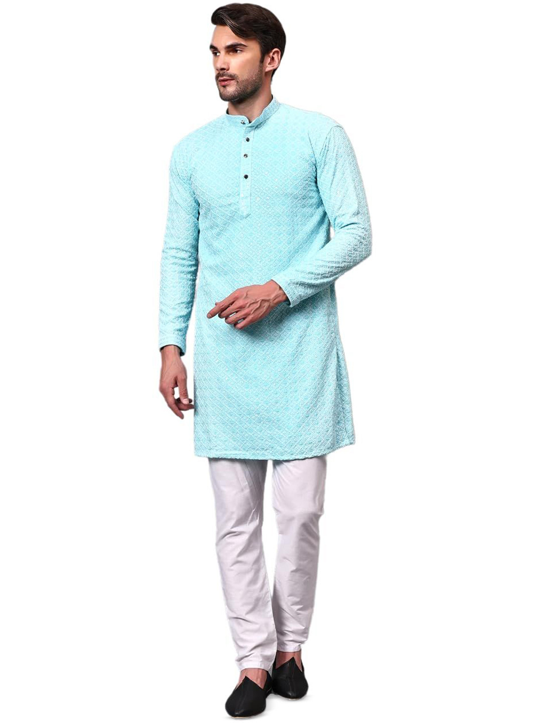 G S CREATIONS Embroidered Mandarin Collar Long Sleeves Chikankari Cotton Straight Kurta