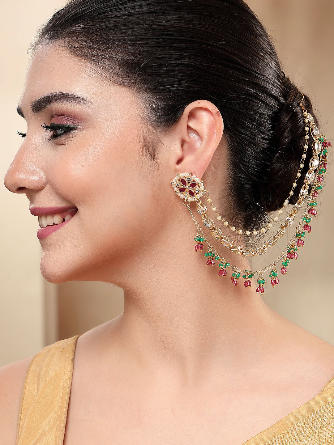 KARATCART Ethnic Gold-Plated Pink and Green Crystal Kundan Kaanchain Earrings for Women